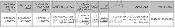 مناقصه عمومی یک مرحله ای احداث ساختمان اداره بیمه سلامت شهرستان راور