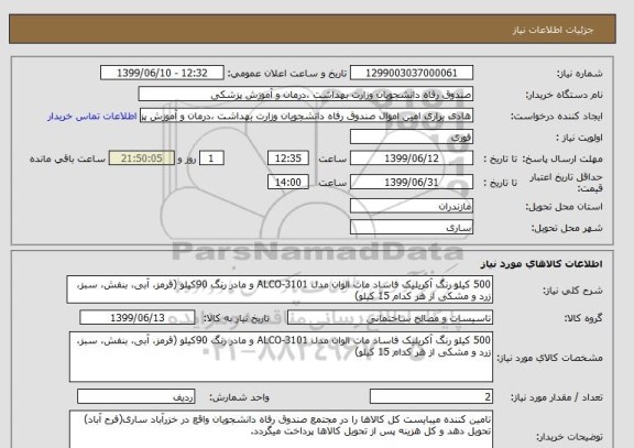 استعلام 500 کیلو رنگ آکریلیک فاساد مات الوان مدل ALCO-3101 و مادر رنگ 90کیلو (قرمز، آبی، بنفش، سبز، زرد و مشکی از هر کدام 15 کیلو) 