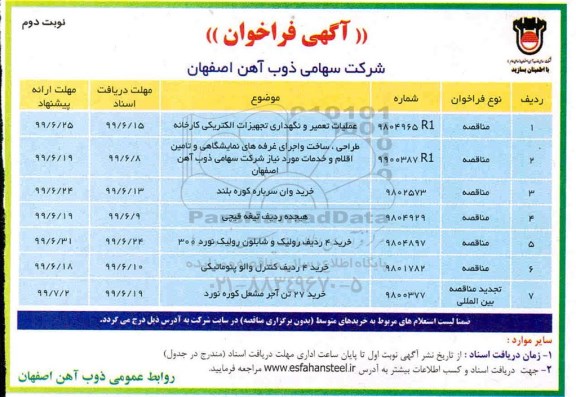 فراخوان عملیات تعمیر و نگهداری تجهیزات الکتریکی کارخانه ...- نوبت دوم 