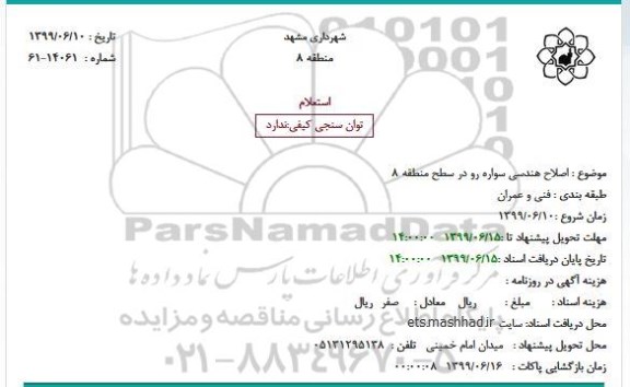 استعلام , استعلام اصلاح هندسی سواره رو در سطح منطقه 8