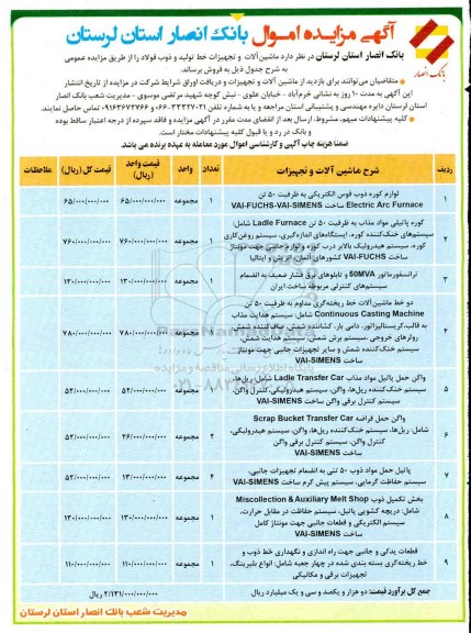 مزایده لوازم کوره ذوب قدس الکتریکی