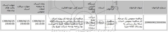 مناقصه عمومی یک مرحله ای مناقصه عمومی احداث شکه برق رسانی به روستای کلاته میرزا