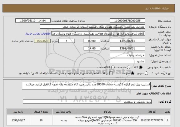 استعلام استریپ ریل تایم کیاژن 18بسته معادل 18000عدد .تایید خرید کالا منوط به ارائه نمونه کالاقبل ازتایید میباشد