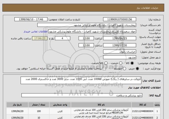 استعلام آنژوکت در سایزهای ( رنگ): صورتی 10000 عدد، آبی 1000 عدد، سبز 3000 عدد و خاکستری 2000 عدد