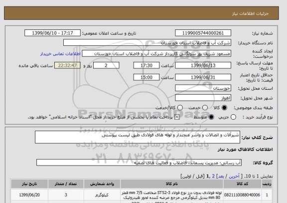 استعلام شیرآلات و اتصالات و واشر منجتدار و لوله های فولادی طبق لیست پیوستی
