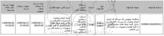 مناقصه عمومی یک مرحله ای امتیاز انجام عملیات تاسیسات الکتریکی در داخل کلیه غرفه های نمایشگاهی با کلیه لوازم و تجهیزات در نمایشگاه بین المللی