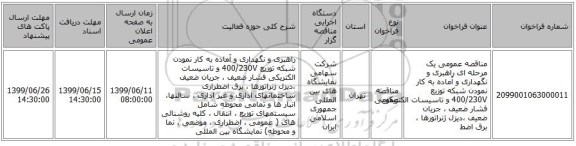 مناقصه عمومی یک مرحله ای راهبری و نگهداری و آماده به کار نمودن شبکه توزیع 400/230V و تاسیسات الکتریکی فشار ضعیف ، جریان ضعیف ،دیزل ژنراتورها ، برق اضط