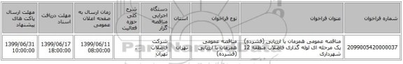 مناقصه عمومی همزمان با ارزیابی (فشرده) یک مرحله ای لوله گذاری فاضلاب منطقه 12 شهرداری 