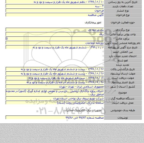 اجرای پروژه واگذاری آزمایش ٬ بازرسی و تعویض لوازم اندازه گیری (کنتور) در محدوده مناطق برق