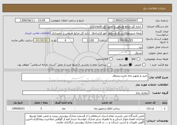 استعلام خرید و تجهیز چاه جدید رستاق     