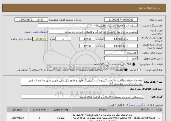 استعلام لوله های فولادی/کلمپ انشعاب گیر و نشت گیر/رینگ فلزی و فلنج پلی اتیلن جوش طبق مشخصات فنی پیوستی و لیست پیوستی کالا 