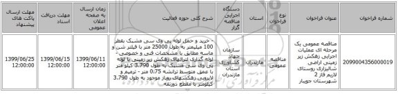 مناقصه عمومی یک مرحله ای عملیات اجرایی زهکش زیر زمینی اراضی شالیزاری روستای لاریم فاز 2 شهرستان جویبار 
