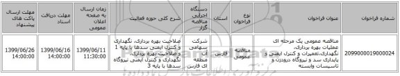 مناقصه عمومی یک مرحله ای عملیات بهره برداری، نگهداری،تعمیرات و کنترل ایمنی و پایداری سد و نیروگاه درودزن و تاسیسات وابسته