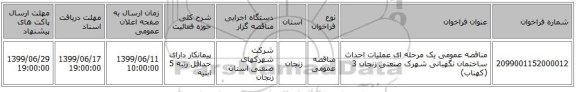 مناقصه عمومی یک مرحله ای عملیات احداث ساختمان نگهبانی شهرک صنعتی زنجان 3 (کهناب)