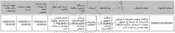 مناقصه عمومی همزمان با ارزیابی (فشرده) یک مرحله ای انجام عملیات استخراج، بارگیری و حمل مواد معدنی در معدن تاش
