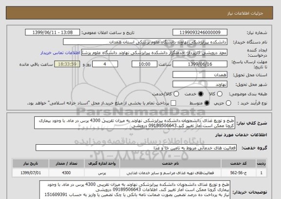 استعلام طبخ و توزیع غذای دانشجویان دانشکده پیراپزشکی نهاوند به میزان تقریبی 4300 پرس در ماه. با وجود بیماری کرونا ممکن است آمار تغییر کند.09189506643 درویشی