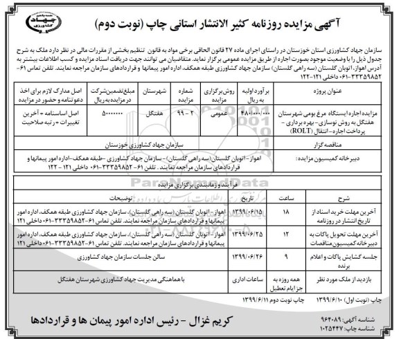 مزایده, مزایده اجاره ایستگاه مرغ بومی  - نوبت دوم