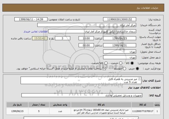 استعلام میز مدیریتی به همراه فایل
تعداد 5 عدد
کیفیت محصول از جنس چوب مرغوب باشد و تضمین شود
پرداخت از طریق اسناد خزانه مورخه 1400/05/19