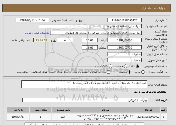 استعلام خرید تابلو برق وتجهیزات مانیتورینگ(طبق مشخصات فنی پیوست)