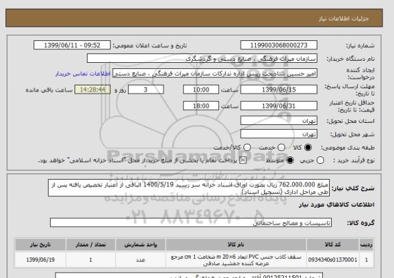 استعلام مبلغ 762.000.000 ریال بصورت اوراق اسناد خزانه سر رسید 1400/5/19 الباقی از اعتبار تخصیص یافته پس از طی مراحل اداری (تسجیل اسناد)