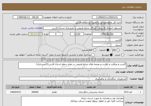استعلام گشت و مراقبت و نظارت بر عرصه های منابع طبیعی در تمام سطح استان فارس1(آبخیزداری)