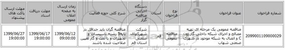 مناقصه عمومی یک مرحله ای تهیه مصالح و اجرای شبکه داخلی گاز زون C و اتصال به شبکه موجود در شهرک صنعتی شهاب