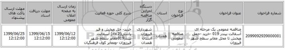 مناقصه عمومی یک مرحله ای آسفالت بیندر 019 -خرید -حمل وپخش تا محل معابر سطح شهر فیروزان