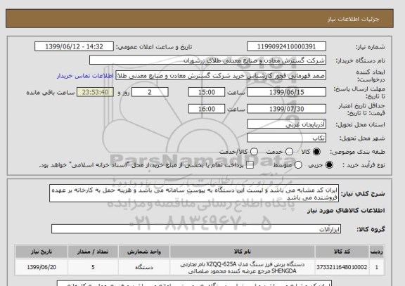 استعلام ایران کد مشابه می باشد و لیست این دستگاه به پیوست سامانه می باشد و هزینه حمل به کارخانه بر عهده فروشنده می باشد 