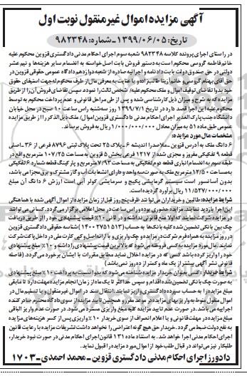 مزایده، مزایده 6 دانگ پلاک ثبتی 8796 فرعی از 36 اصلی