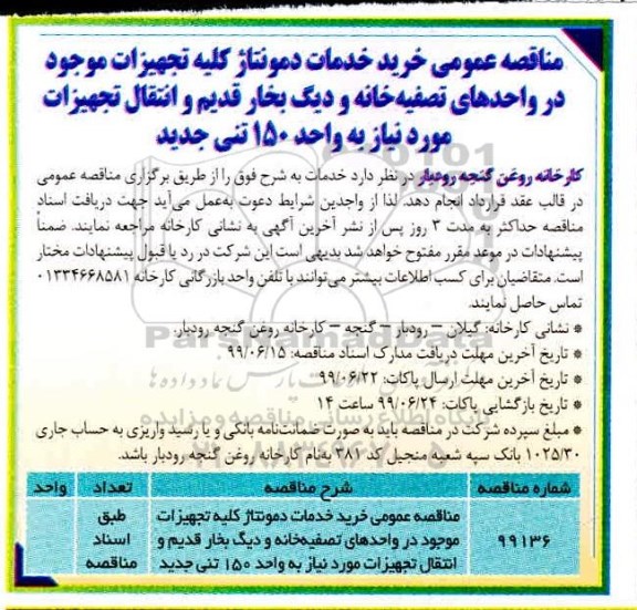 مناقصه، مناقصه خرید خدمات دمونتاژ کلیه تجهیزات موجود در واحدهای تصفیه خانه... 