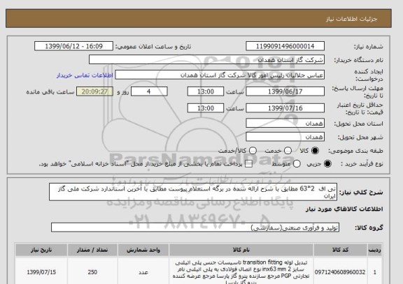 استعلام تی اف  2*63 مطابق با شرح ارائه شده در برگه استعلام پیوست مطابق با آخرین استاندارد شرکت ملی گاز ایران 