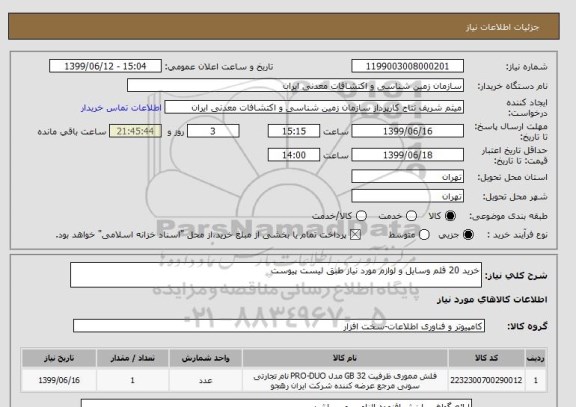 استعلام خرید 20 قلم وسایل و لوازم مورد نیاز طبق لیست پیوست