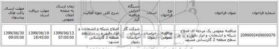 مناقصه عمومی یک مرحله ای اصلاح شبکه و انشعابات و ابزار دقیق و ... در سطح منطقه 2 گازرسانی مشهد