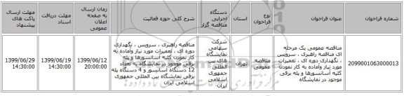 مناقصه عمومی یک مرحله ای مناقصه راهبری ، سرویس ، نگهداری دوره ای ، تعمیرات مورد نیاز وآماده به کار  نمودن کلیه آسانسورها و پله برقی موجود در نمایشگاه 