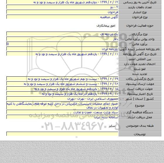 امتیاز انجام عملیات تاسیسات الکتریکی در داخل کلیه غرفه های نمایشگاهی با کلیه لوازم و تجهیزات در نمای