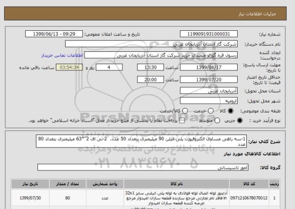 استعلام 1-سه راهی مساوی الکتروفیوژن پلی اتیلن 90 میلیمتری بتعداد 50 عدد.  2-تی اف 2"*63 میلیمتری بتعداد 80 عدد
