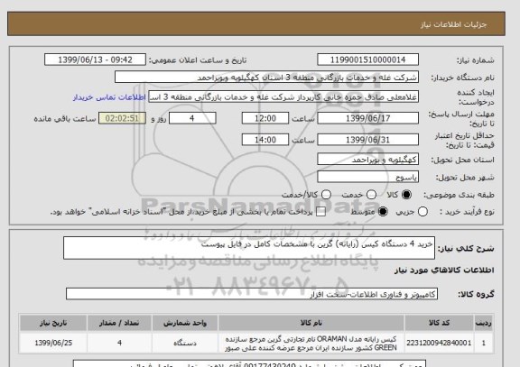 استعلام خرید 4 دستگاه کیس (رایانه) گرین با مشخصات کامل در فایل پیوست 