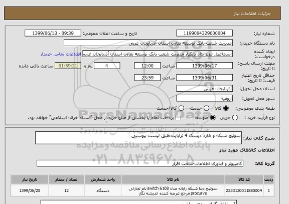 استعلام سوئیچ شبکه و هارد دیسک 4 ترابایت طبق لیست پیوستی