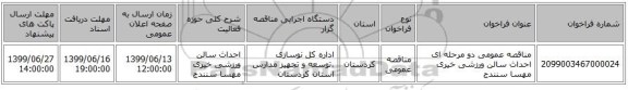 مناقصه عمومی دو مرحله ای احداث سالن ورزشی خیری مهسا سنندج 