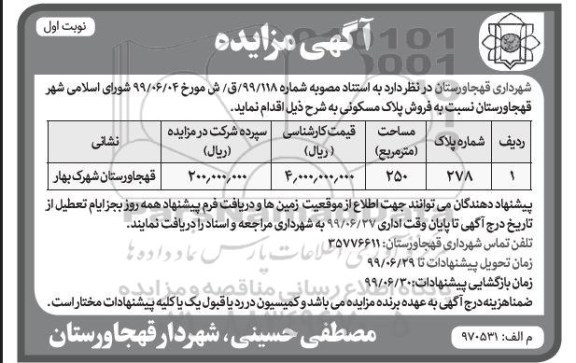 مزایده، مزایده فروش پلاک مسکونی