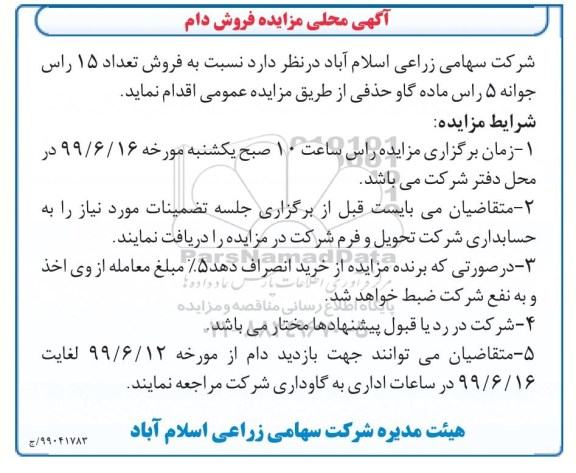 مزایده , مزایده فروش تعداد 15 راس جوانه 5 راس ماده گاو حذفی