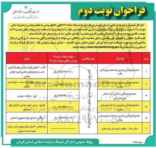 فراخوان , فراخوان واگذاری مراکز فرهنگی و هنری - نوبت دوم 