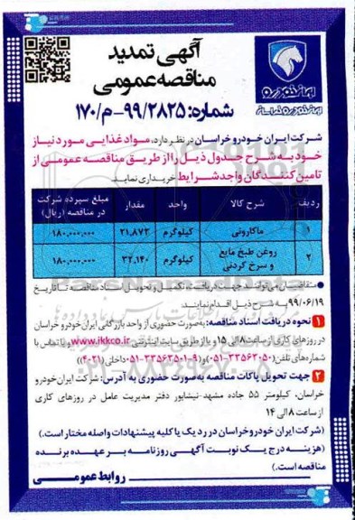 تمدید مناقصه، تمدید مناقصه مواد غذایی
