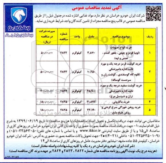 تمدید آگهی مناقصات عمومی ،تمدید مناقصه مواد غذایی