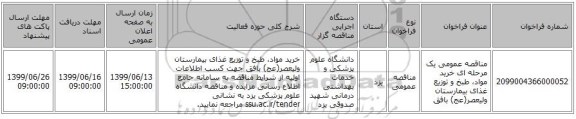مناقصه عمومی یک مرحله ای خرید مواد، طبخ و توزیع غذای بیمارستان ولیعصر(عج) بافق