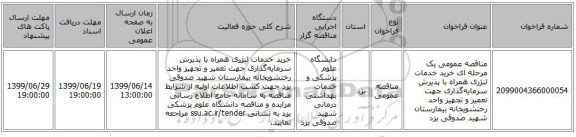 مناقصه عمومی یک مرحله ای خرید خدمات لنژری همراه با پذیرش سرمایه‌گذاری جهت تعمیر و تجهیز واحد رختشویخانه بیمارستان شهید صدوقی یزد