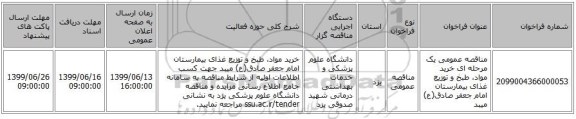 مناقصه عمومی یک مرحله ای خرید مواد، طبخ و توزیع غذای بیمارستان امام جعفر صادق(ع) میبد