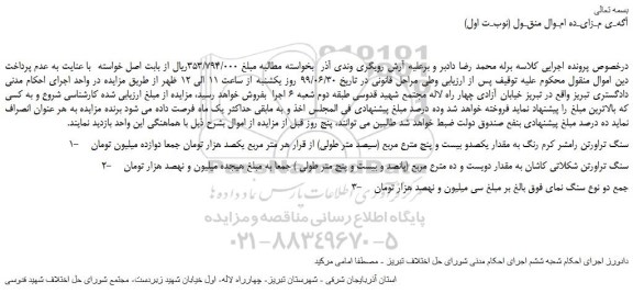 مزایده،مزایده فروش سنگ تراورتن رامشر کرم رنگ به مقدار یکصدو بیست و پنج مترع مربع و..
