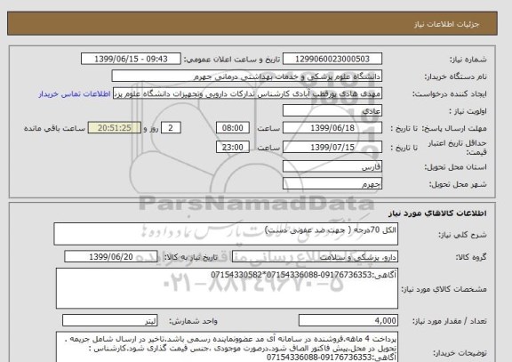 استعلام الکل 70درجه ( جهت ضد عفونی دست)