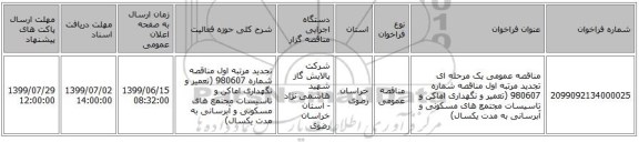 مناقصه عمومی یک مرحله ای تجدید مرتبه اول مناقصه شماره 980607 (تعمیر و نگهداری اماکن و تاسیسات مجتمع های مسکونی و آبرسانی به مدت یکسال) 
